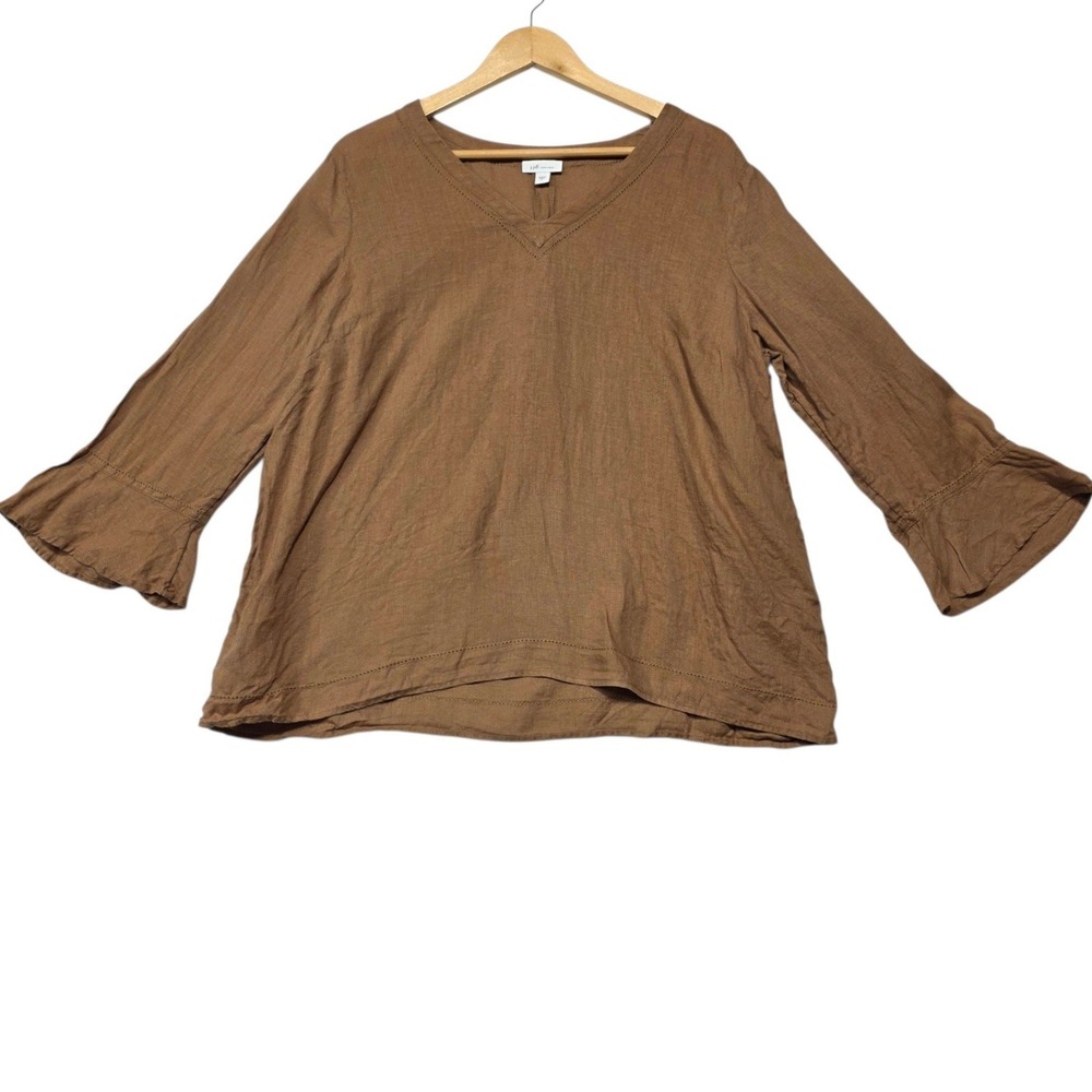 J.Jill Love Linen V-Neck Bell Sleeve Top Womens Large Brown 100% Linen